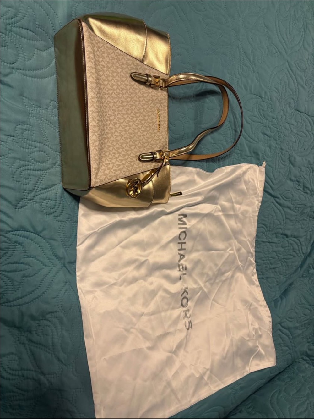 Michael Kors Metallic Gold and Beige Monogram Tote